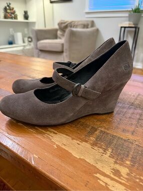 Born Suede Mary Jane Wedge Heels - Gray